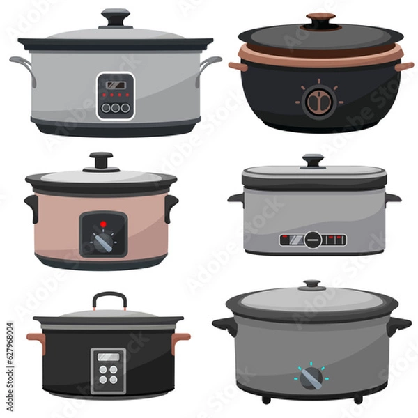 Fototapeta set of vector illustration slow cooker for rice and other food in kitchen preparing flat design style