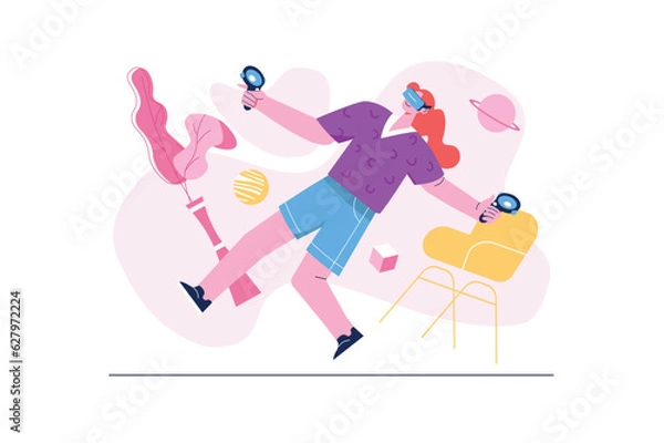 Obraz Cyberspace concept with people scene in the flat cartoon style. The girl moved into the Internet space with the help of digital gadgets. Vector illustration.