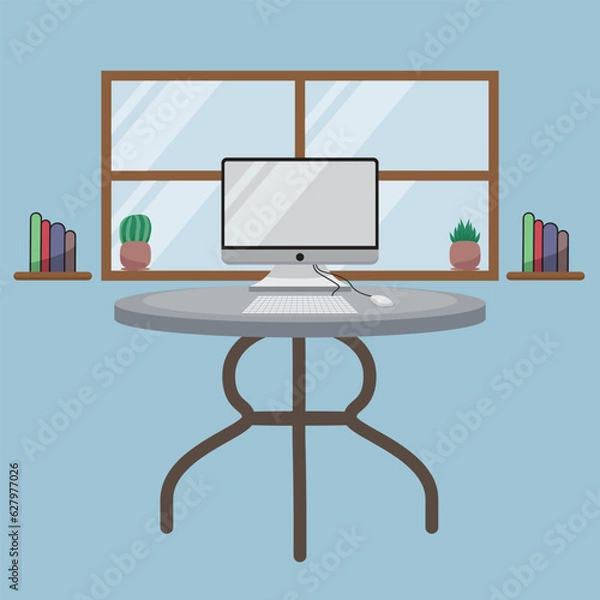 Fototapeta Flat design vector illustration of mobile and desktop website design development process with minimalistic modern digital tablet, desktop computer on designer workplace in trendy color.