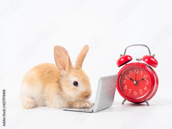 Fototapeta Baby brown rabbit with laptop and red alarm clock on whitebackground. Lovely baby rabbit looking and working with notebook.