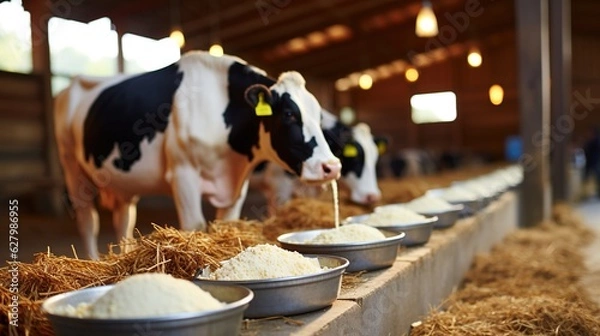 Fototapeta The cows in a barn filled with straw are captured using focus stacking