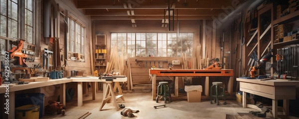 Fototapeta Modern Wood Shop, Work Shop With Tools Hanging on the Wall, A Room By the Window, Well Lit by Natural Light. Generative AI