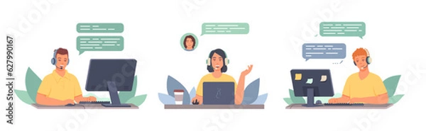 Fototapeta Female in headphones consulting female. Man chatting with client. Online consultations. Work of call center operators and consultants. Technical global support. Flat vector illustration