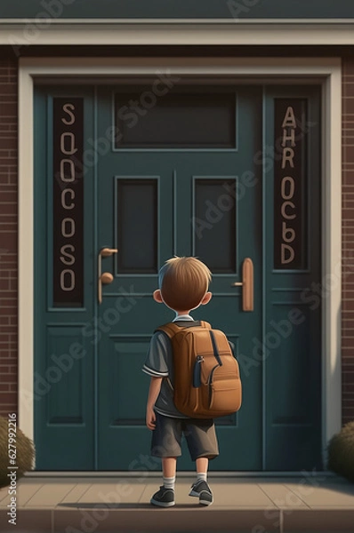 Fototapeta "Excited boy back to school in front of the building. 🎒🏫"