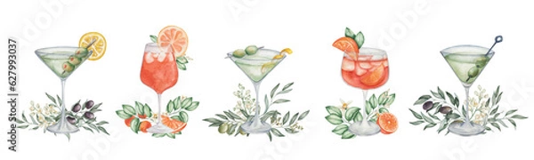 Fototapeta Watercolor set of illustrations. Hand painted aperol spritz and dirty martini cocktails in martini glass. Alcohol drinks in glass with orange, lemon, olives, leaves, flowers, ice. Isolated clip art