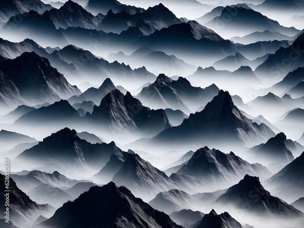 Fototapeta Black and white majestic mountains peaks with smoke background textures. Generative AI, AI Generated.