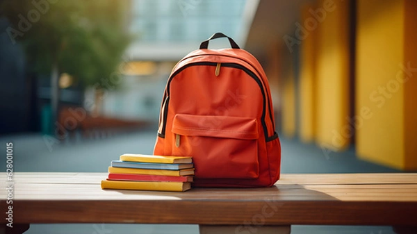 Fototapeta orange choolbag, backpack for children, child, back to school, colorful bag, school supplies, pencils, multicolor, recess, playground background, books for studying, education for children, college
