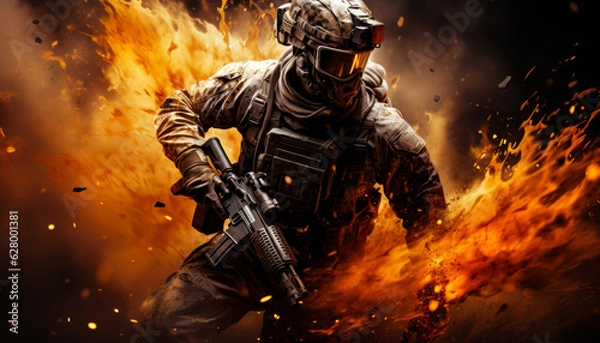 Fototapeta Armored warrior in battlefield. Military soldier in battle illustration. Generative AI.