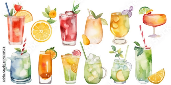 Fototapeta Orange, apple, lemon, avocado, peach and pomegranate drinks in glasses, set of summer watercolor juices in watercolor style