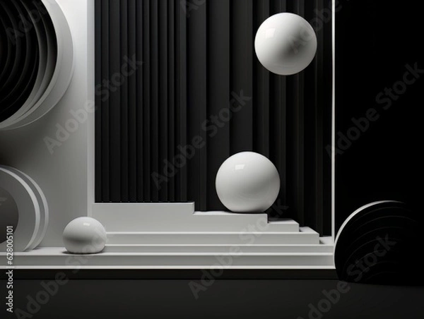 Fototapeta Abstract minimalistic contrast black and white scene with geometric shapes. visualization AI