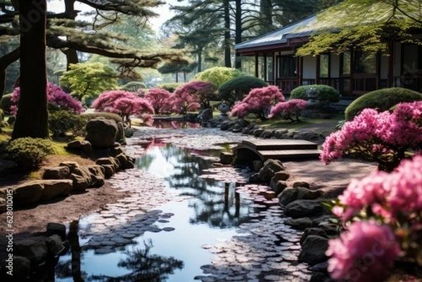 Fototapeta Tranquil Garden With Blooming Flowers, Generative AI