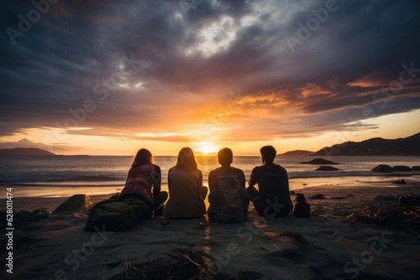 Fototapeta Group Of Travelers Admiring A Stunning Sunset, Generative AI