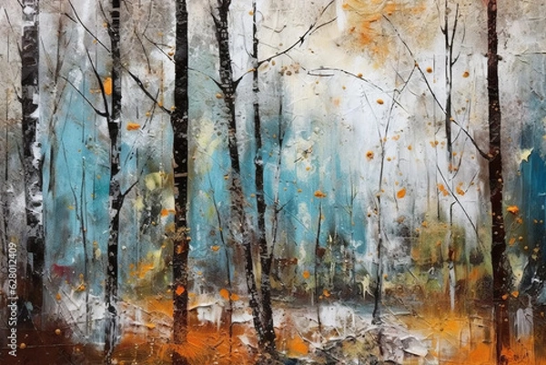 Fototapeta The first snow in the autumn park, an illustration in the style of oil painting. Generated by Ai