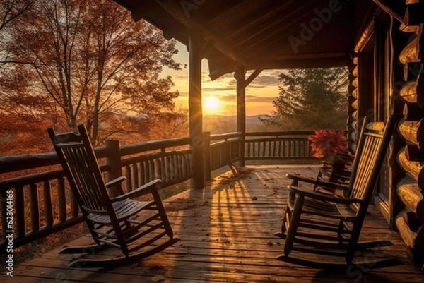 Fototapeta log cabin porch with rocking chairs at sunrise
