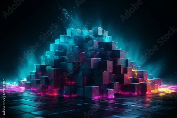 Obraz Futuristic neon wave of cubes in 3D abstract design. Generative AI