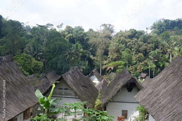 Obraz A traditional house with a unique architecture, made of wood and bamboo with a roof of palm fiber in Kampung Naga