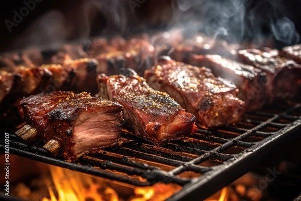 Obraz close-up of juicy bbq ribs in a smoker