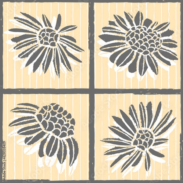 Fototapeta Vector black daisies yellow stripes repeat pattern
