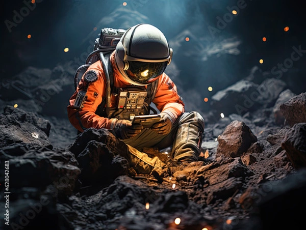 Fototapeta Floating smartphone using astronaut in the outer space. Generative AI