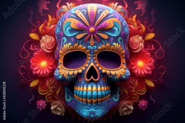 Obraz Illustration of a colorful skull adorned with vibrant flowers, created using generative AI