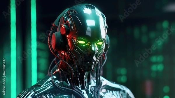 Fototapeta Artificially Intelligent robot brain with green glowing eyes and neon lights in background