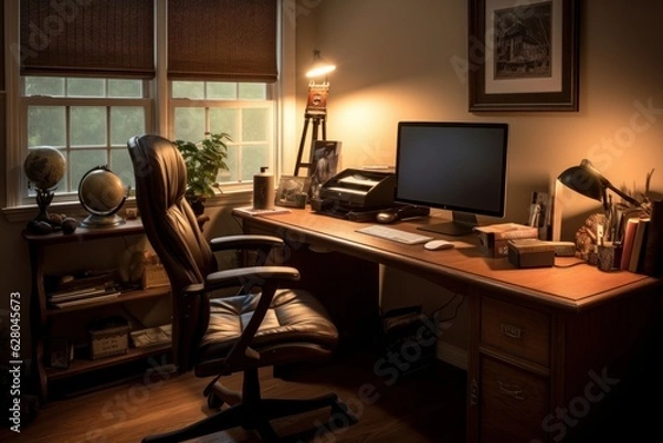 Fototapeta Illustration of a desk with a computer and a lamp, created using generative AI technology