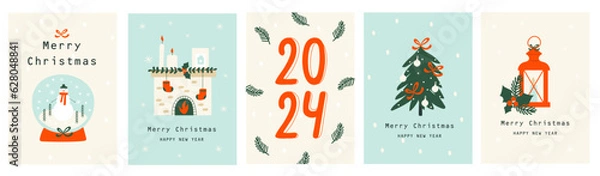 Fototapeta Set Christmas cards with Christmas tree,  christmas elements. Vector