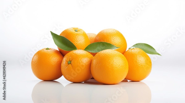 Fototapeta oranges with green leaves on a white background close-up. Generative Ai. 