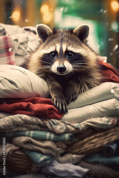 Fototapeta Adorable Raccoon Cozied Up in a Giant Pile of Cushions - AI generated