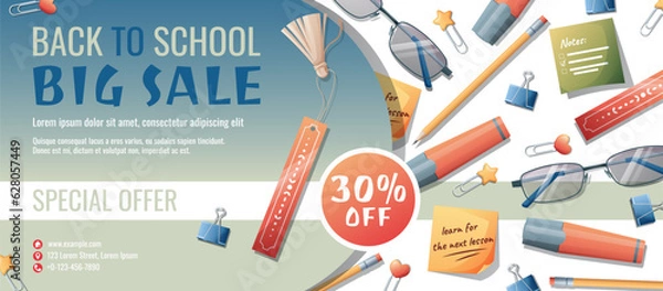 Fototapeta Back to school discount banner template with diary, pencil case, pen and paper clips scattered on the surface. Learning, knowledge, education. Flyer, poster with textbooks