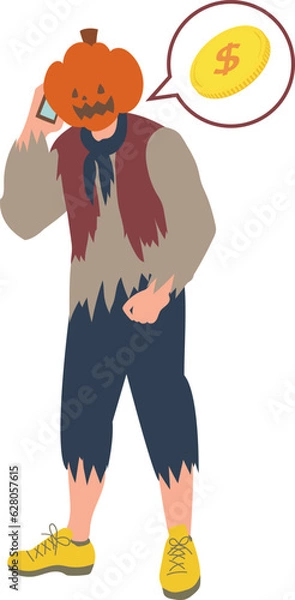 Obraz 詐欺電話をかける中途半端な仮装の男性