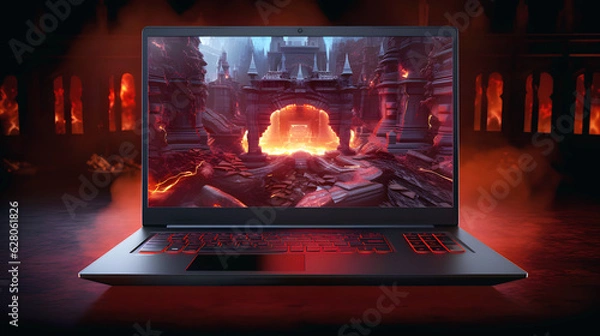 Obraz Glowing gaming laptop with smoke 3D effects wallpaper, ai generated