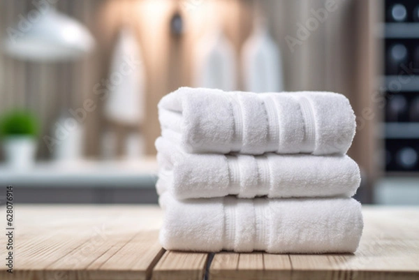 Fototapeta white background towel bathroom soft textile shower home space room table. Generative AI.