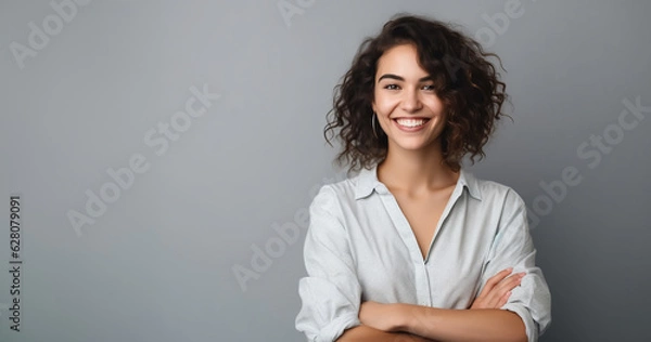 Obraz Young woman standing smiling in front of gray wall - space for text - theme student, education, info for customers - Generative AI