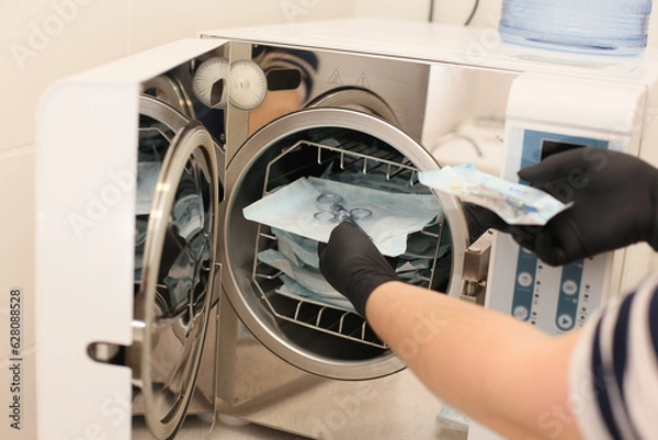 Fototapeta Hands in black gloves holding a medical instrument. Sterilizing box. Sterilization of instruments. Dentist tools. Sterilization procedure. Steam autoclave