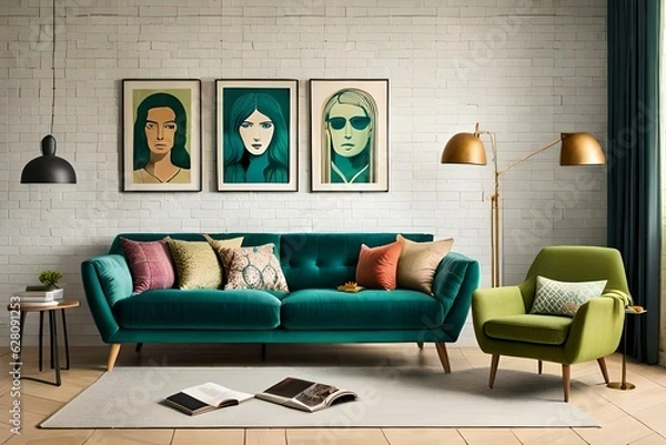 Fototapeta HOME INDOOR INTERIOR SOFA SET AND PAINTING ON WALL AI GENERATED