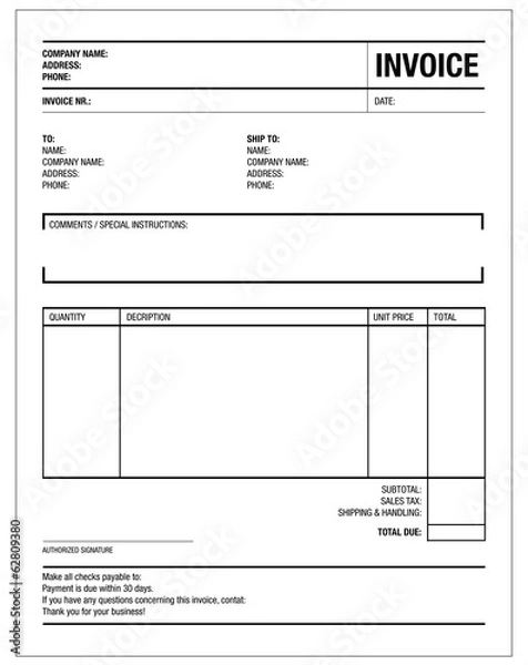 Obraz Template of unfill paper tax invoice form