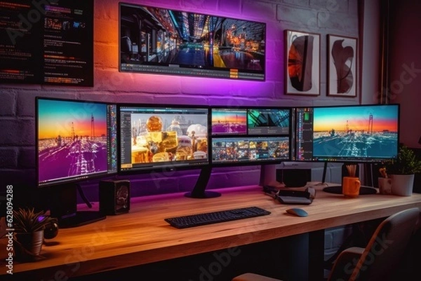 Fototapeta Illustration of a desk with three monitors and a keyboard in a modern office space, created using generative AI