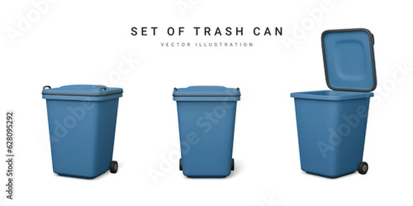 Obraz Set of 3d realistic blue trash cans isolated on white background. Vector illustration