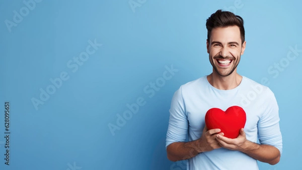 Obraz Smiling man holding small plastic heart isolated on blue background. AI Generated.