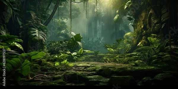 Obraz AI Generated. AI Generative. Wild tropical jungle forest park tree landscape. Adventure travel risky explore trip background landscape. Graphic Art
