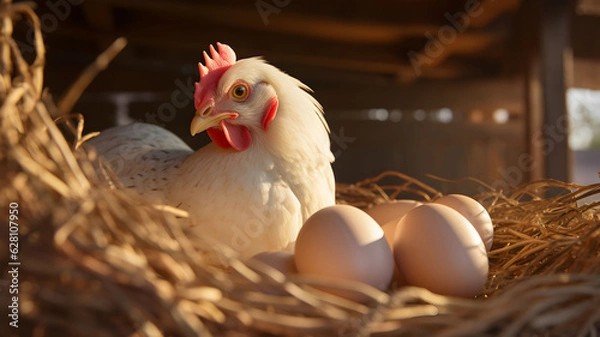 Fototapeta eggs at the farm, chicken and eggs, locally produced, organic, local food, roasters and chicken at the hen house, agriculture, respectful farming