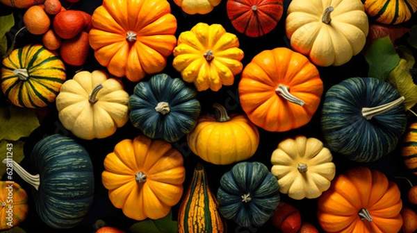 Obraz Different varieties squashes and pumpkins top view