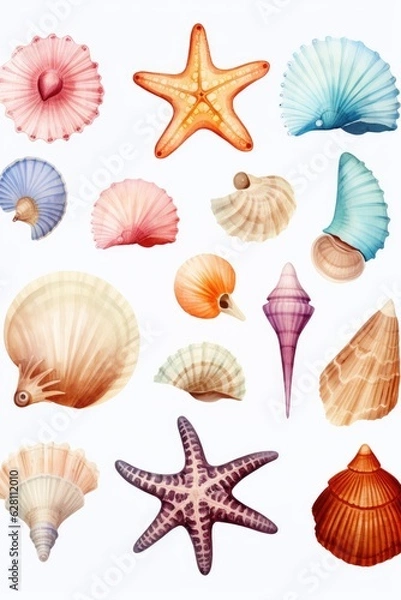 Fototapeta watercolor set of seashells isolated on white, AI Generated