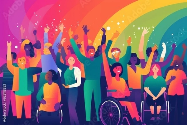Fototapeta Illustration of a crowd of people raising their arms in celebration or excitement, created using generative AI technology