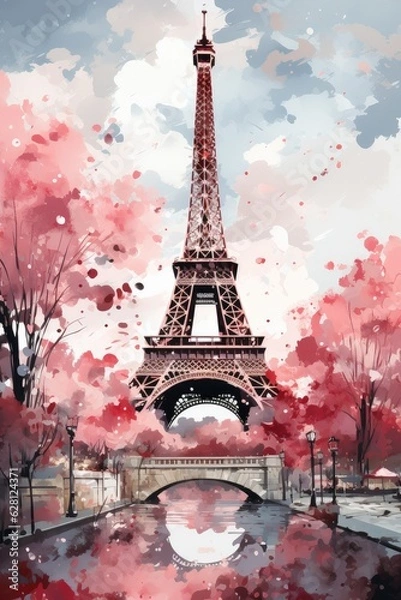 Fototapeta Watercolor Eiffel Tower and cherry blossom trees. Spring in Paris. Generative AI
