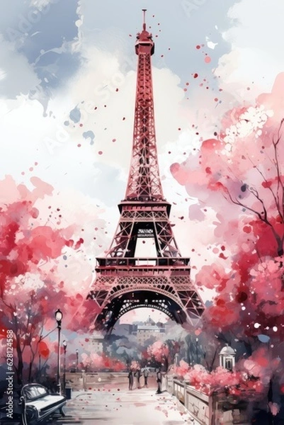 Obraz Watercolor Eiffel Tower and cherry blossom trees. Spring in Paris. Generative AI