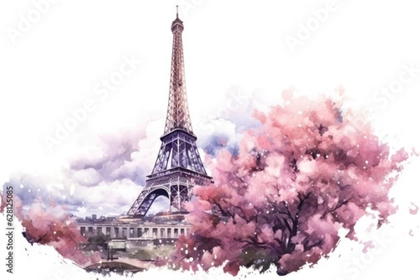 Obraz Watercolor Eiffel Tower and cherry blossom trees. Spring in Paris. Generative AI
