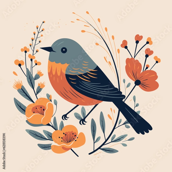 Fototapeta Bird with flowers. Vector illustration. Abstract illustration.