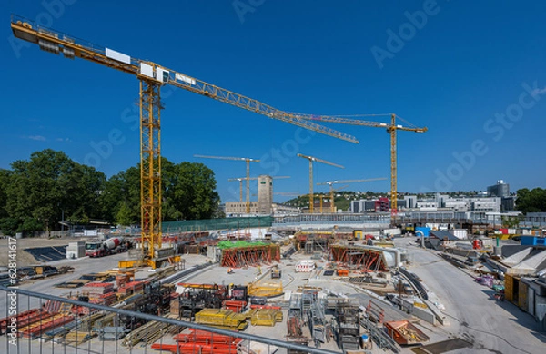 Fototapeta Cranes, large construction site, Stuttgart-21-grounds, Stuttgart, Baden-Wuerttemberg, Germany, Europe.